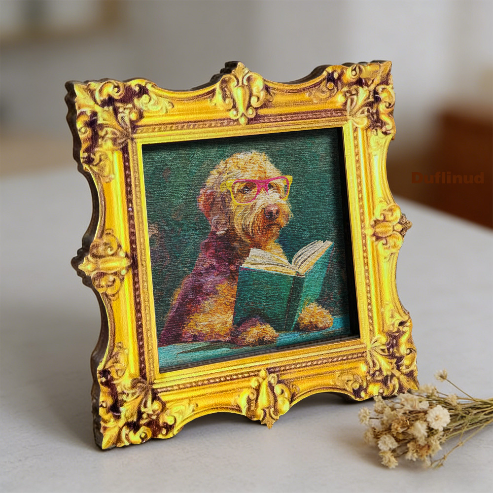 TEMU 1pc Wooden Clever Golden Retriever Refrigerator Magnet, Wearing Glasses Reading, Wooden Mini Decorative Painting, Retro Artistic Style, Fridge