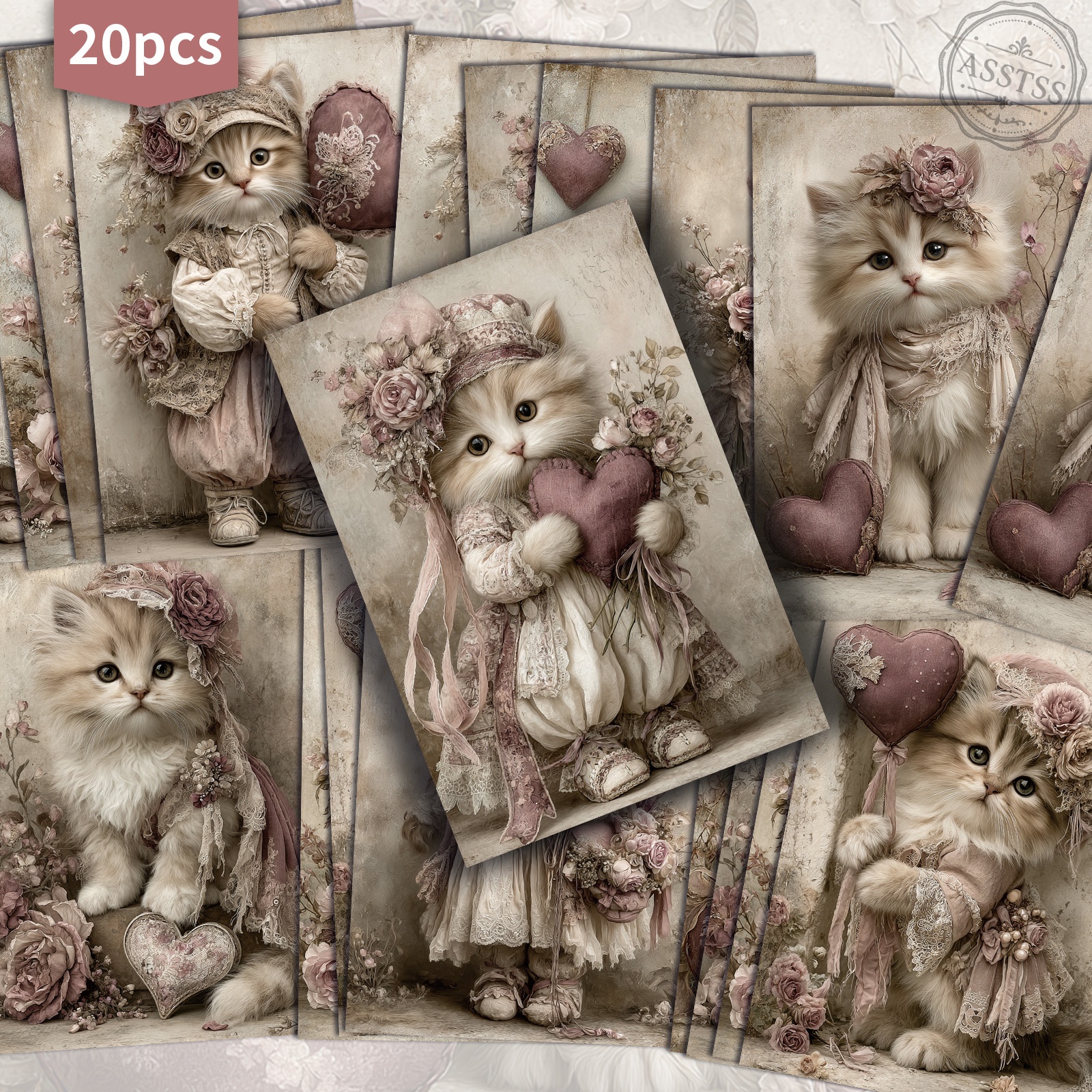 TEMU 20-pack Asstss Vintage Kitten Love Postcards - 4x6 Inches Retro Junk Journal Supplies, Classic Pinup Illustrations Collectible Decorative