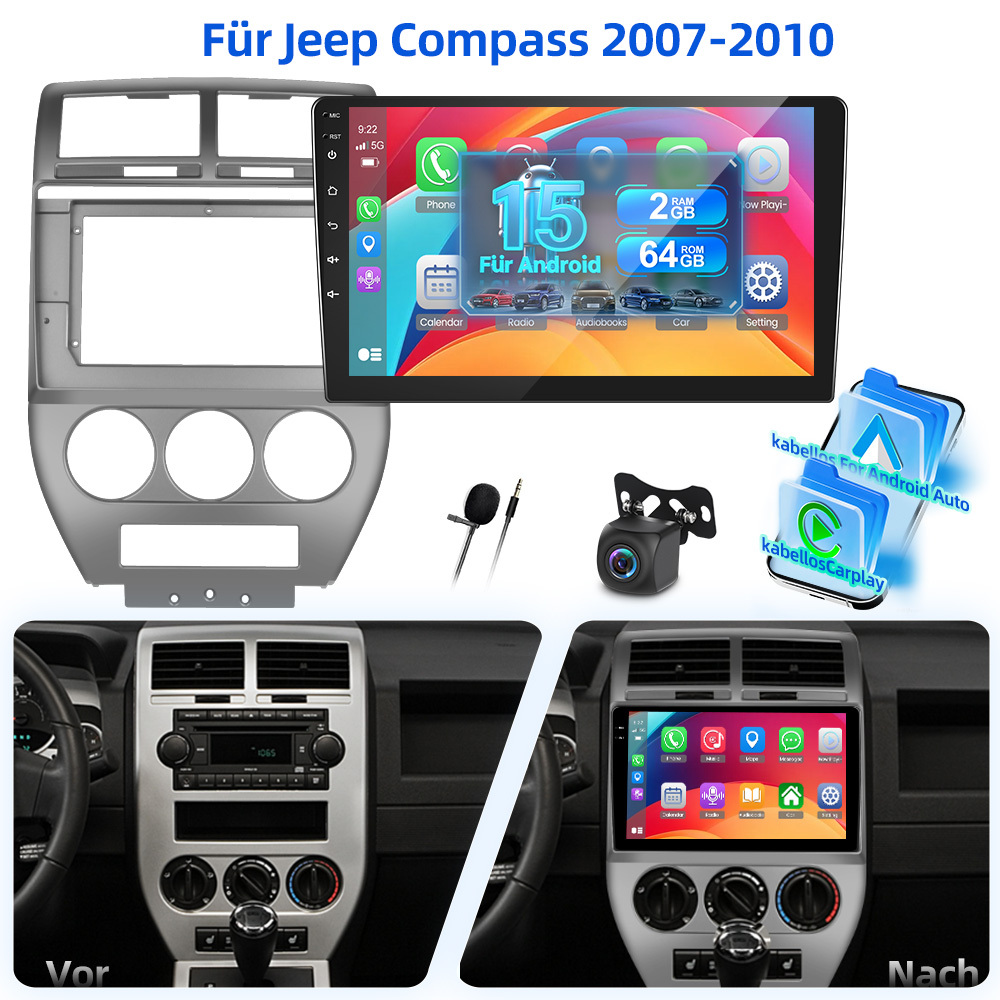 Image of 15 Car Radio 2gb+64gb Carplay Autoradio Radio For Compass 2007-2010 Car Stereo With Auto, 10.1 Inch 1080p 2.5d Touch Screen Radio With Gps, Wifi, Eq, Bt, Swc, Fm Rds Radio With Camera And Mic
