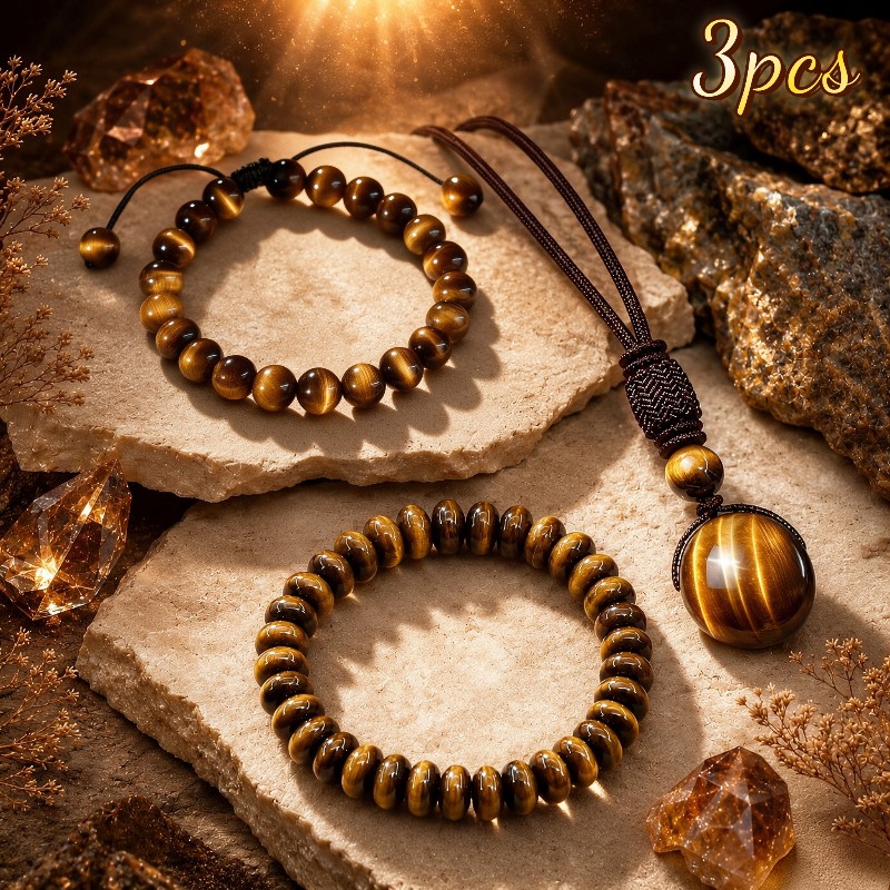 TEMU Ensemble de 3 pièces de bijoux en verre œil de tigre jaune unisexe, bracelet de perles tissées et bracelet de perles abaque et collier avec