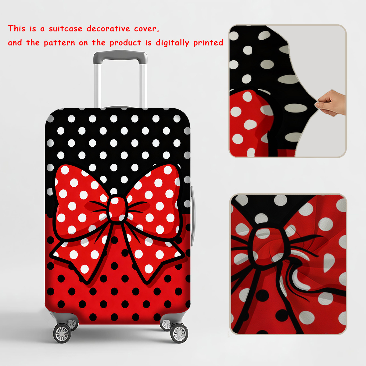 TEMU 1pc 2d Flat Elastic Suitcase Cover, Suitcase Cover (suitcase Not Included), Polka Dot Bow Black And White Red Contrasting Pattern, Suitable For