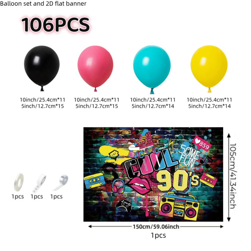 TEMU Ensemble de 106 ballons et bannière plate 2D sur le thème cool des années 90 avec ballons à rose vif, jaune, bleu, noir et motif graffiti rétro