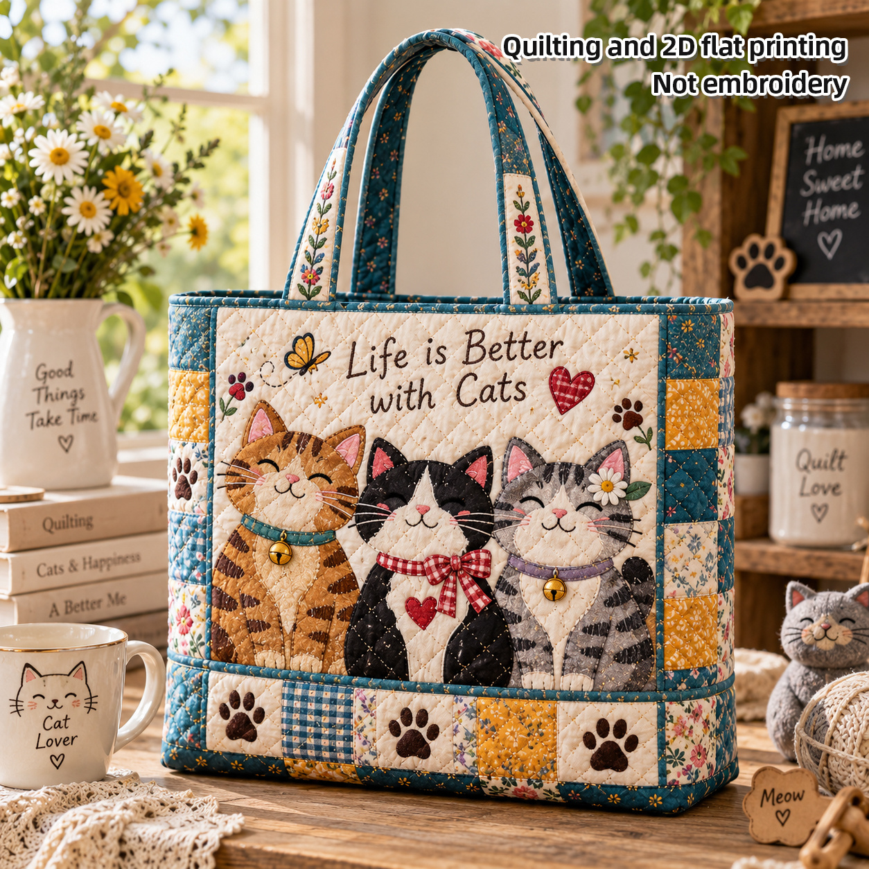 TEMU Quilted Tote Bag, 2d Flat Printed Not, , Better With Cats Print, , Butterflies And , Large Capacity Tote, Fabric Tote Bag, Shopping Bag, Grocery