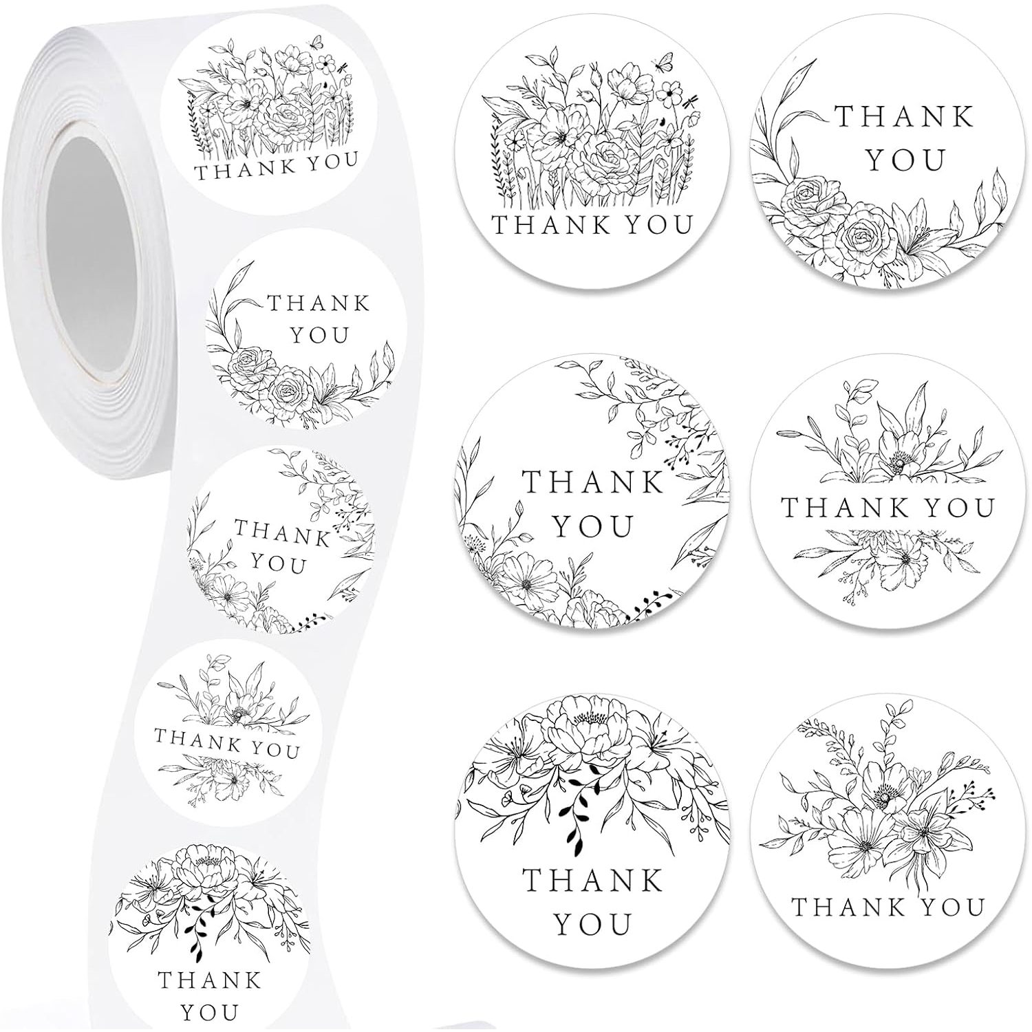 TEMU 500pcs Black Floral Thank You Stickers Flower Decal Roll 6 Design Hand Drawn Flowers Thank You Adhesive Sealing Labels For Wedding Birthday Baby