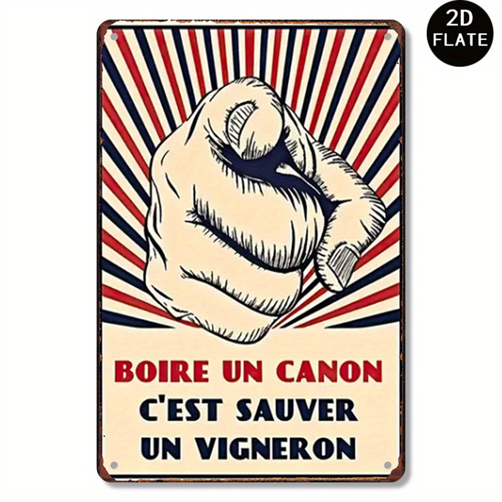 TEMU 1pc Décoration Murale en Métal Style Propagande Française Vintage 2D - Design à Rayures Rouge/Bleu avec Doigt - Pour Intérieur/Extérieur Maison,
