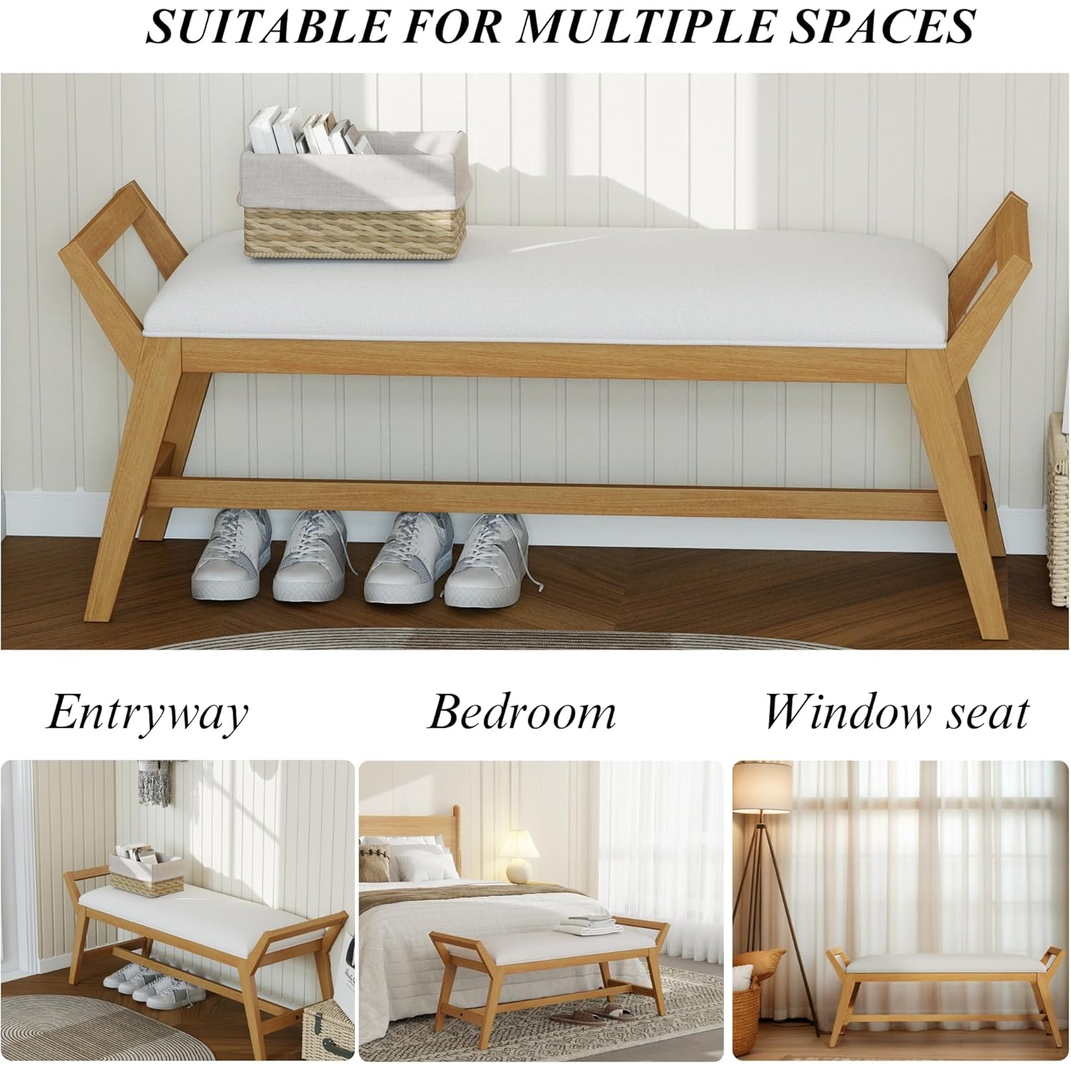 1pc 51Inch End of Bed Bench | Solid Wood Frame, Fabric Upholstered Ottoman Bench for Entryway, Bedroom, Hallway, Living Room, Modern Style