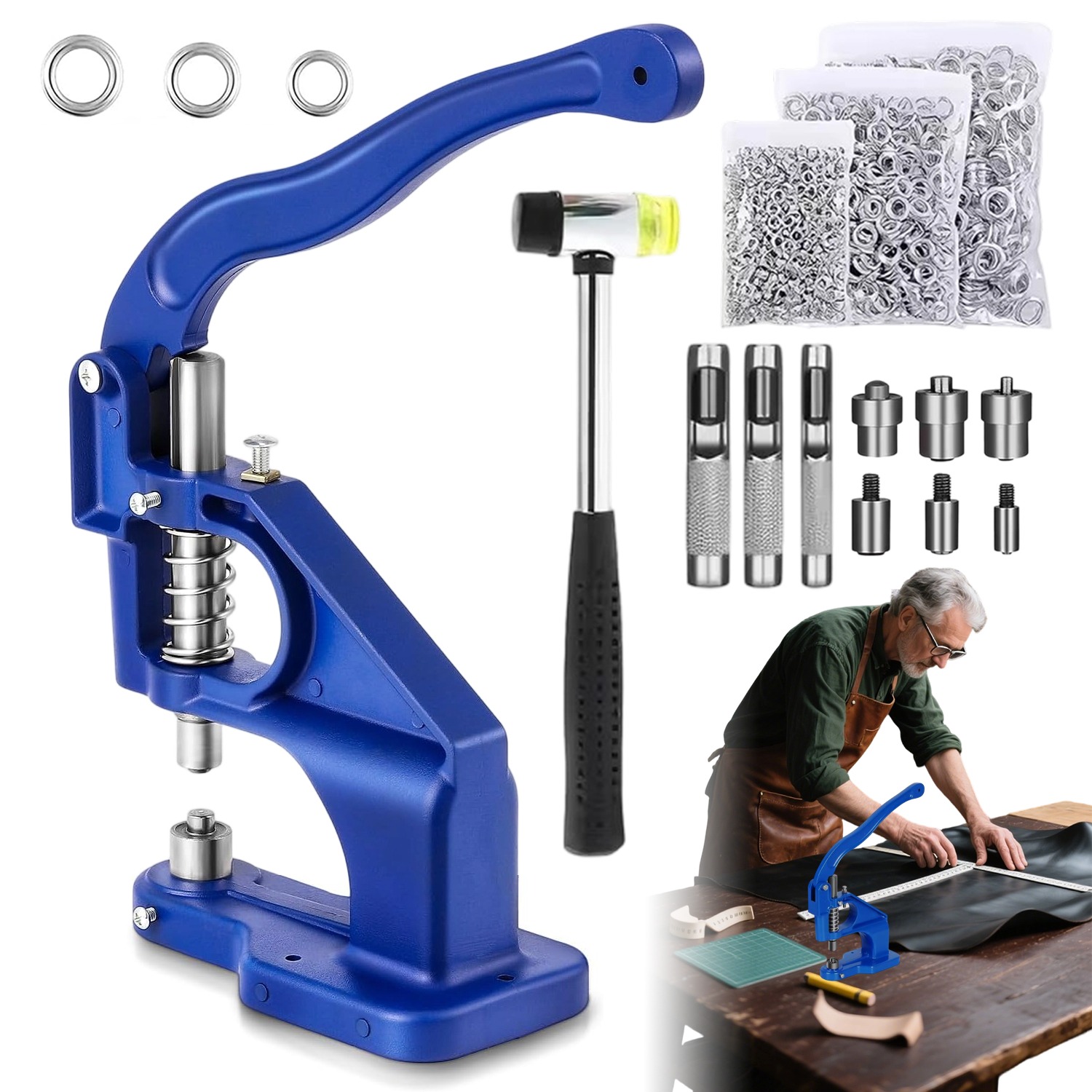 Image of Blue Heavy-duty Manual Eyelet Punch Tool With 1500 Eyelets Compatible With 6/10/12mm Grommets, Ideal For Banners, Awnings, Curtains & Diy Crafts