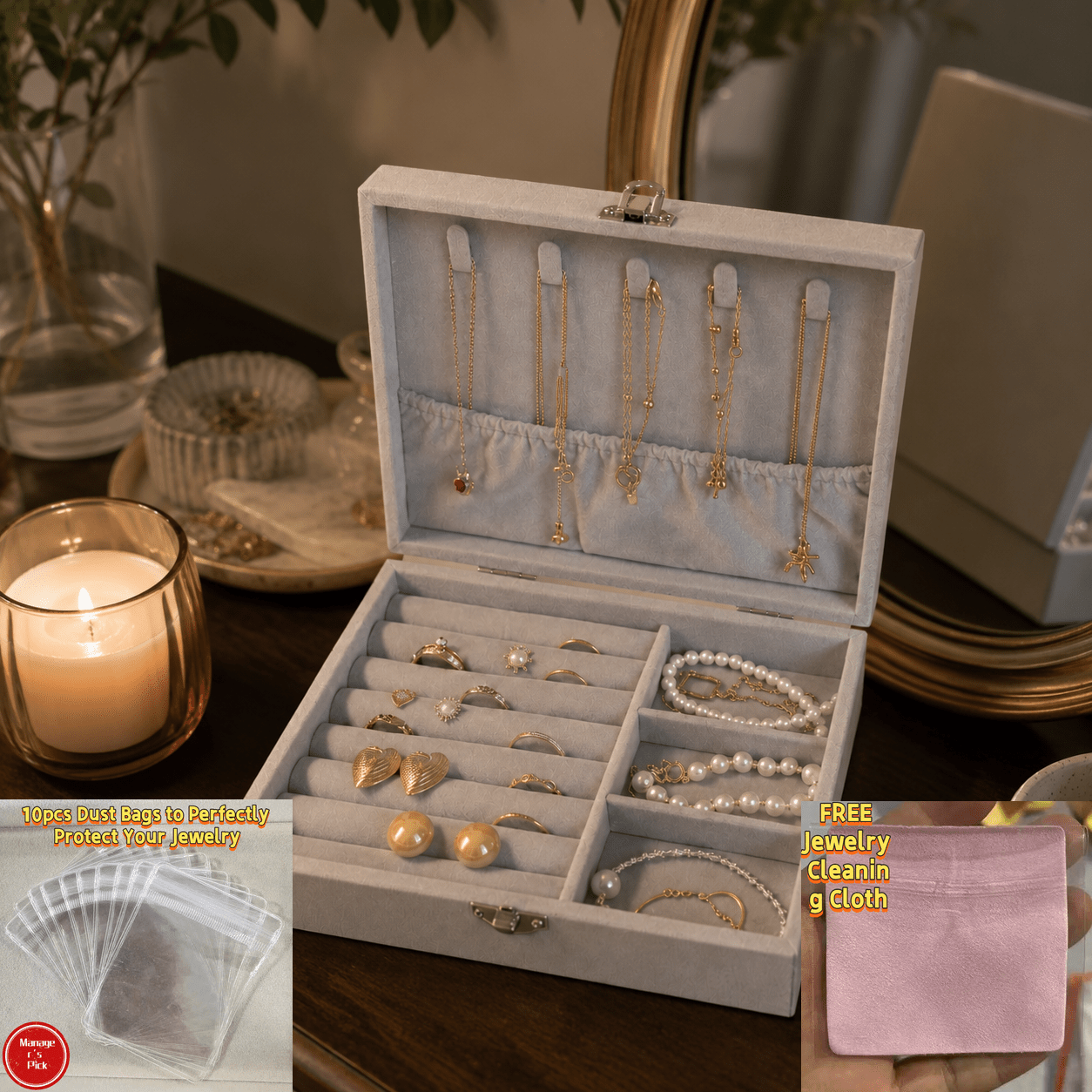 Light Gray Suede Lockable Flip-Top Jewelry Box, Combo Set
