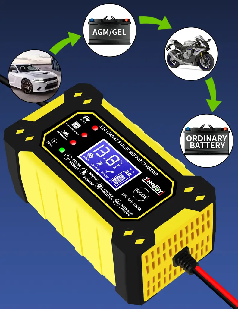 chargeur de batterie intelligent 12v 6a avec réparation par et affichage numérique - multimodes, multiprotection pour batteries au plomb dans , motos & suvs (prise eu), batterie rechargeable détails 3