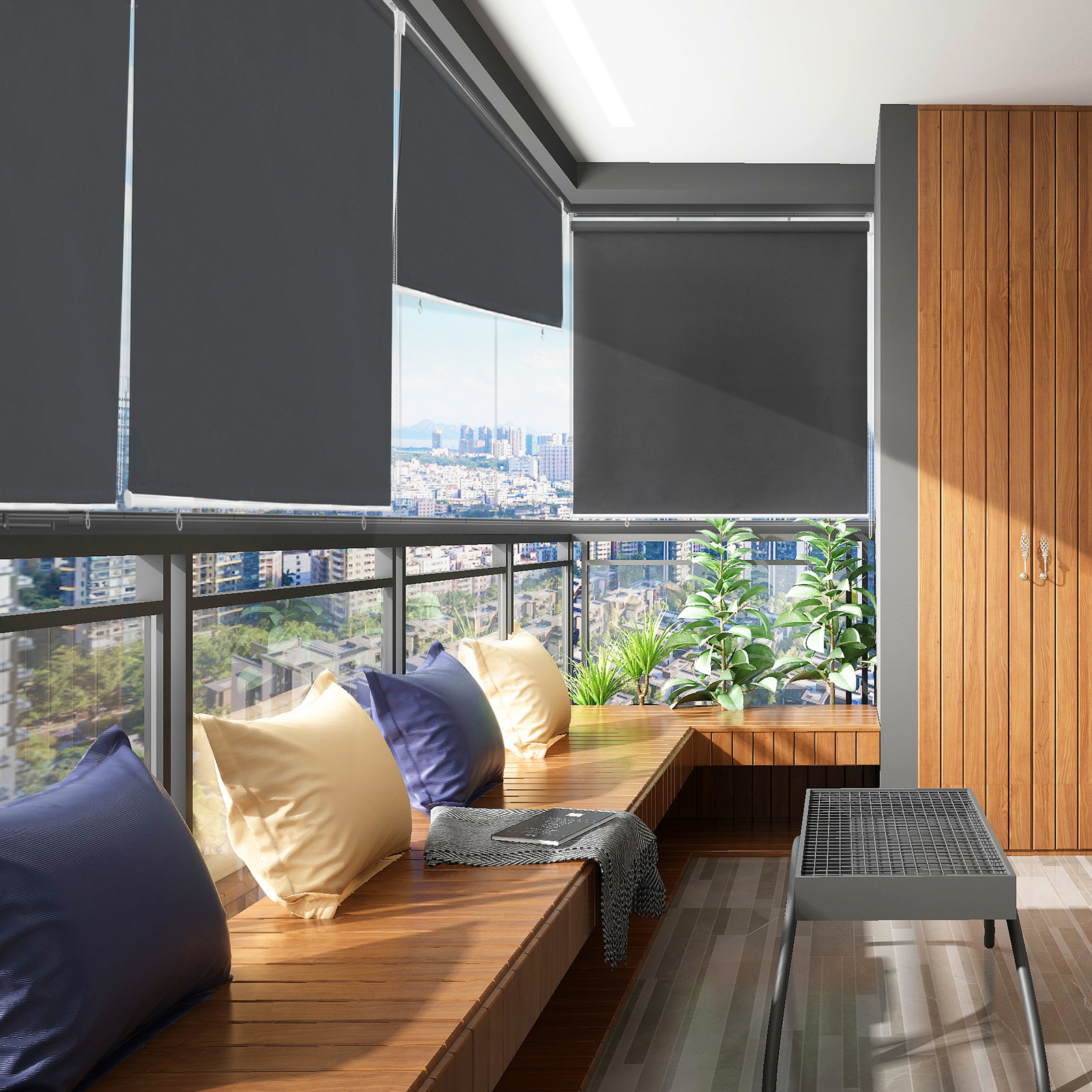 Outdoor Roller Blinds For Balcony, Blackout Shade With Thermal Insulation, No Drilling Side Pull Blind For Windows Doors, Multiple Widths , Beige/grey/