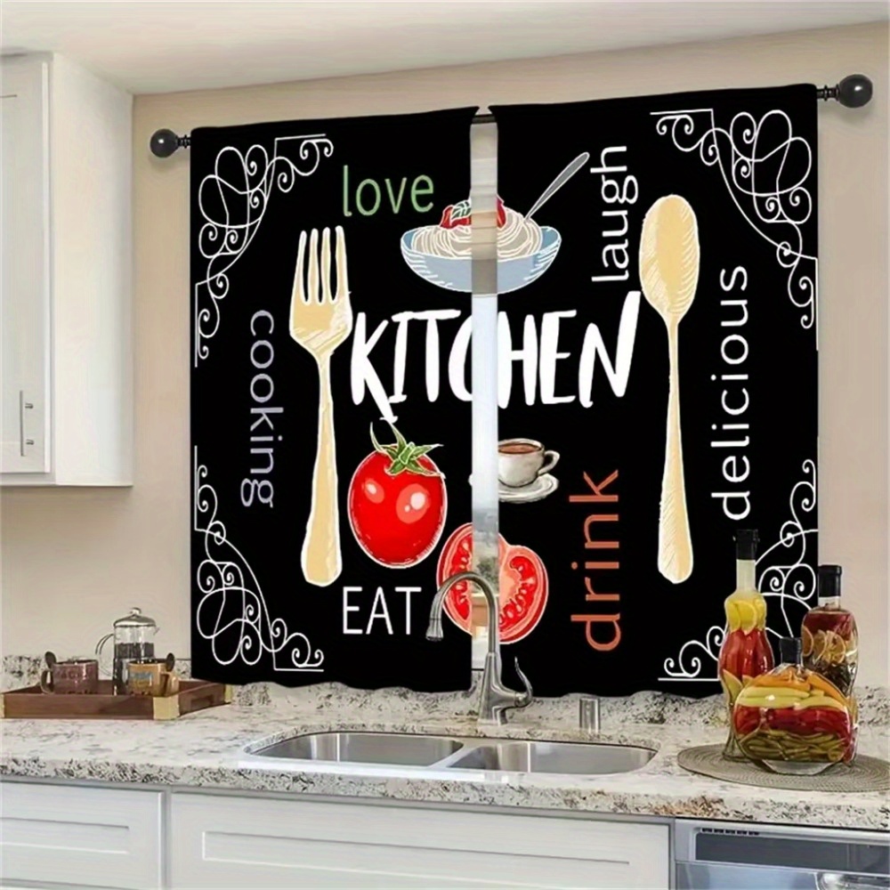 TEMU 2pcs Rustic Farmhouse Blackout Curtains, Barn Fork And Spoon Wooden Board Print Kitchen Decor, 28x40inch, Rod Short Drapes For Windows, Cafe, Shop, Kitchen, Bathroom Room Decor, Machine Washable