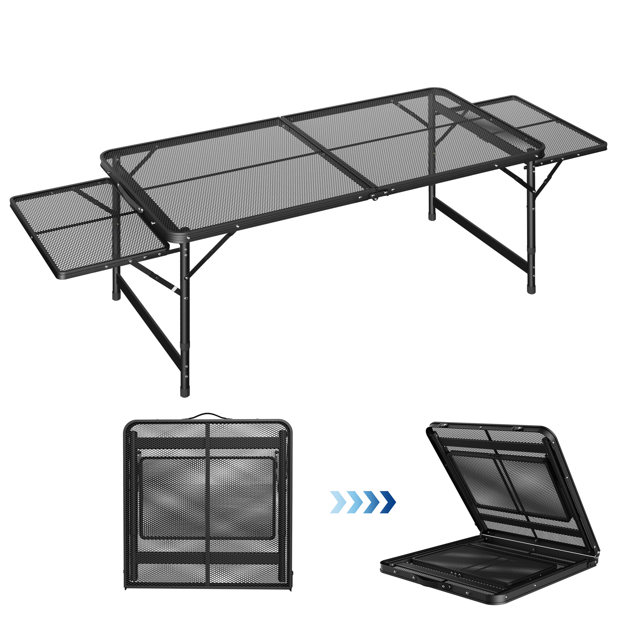 TEMU Adjustable Height Portable Camping Table That Folds, Featuring A Metal Mesh Surface, Suitable For Barbecues, And Used As A Foldable Garden Table