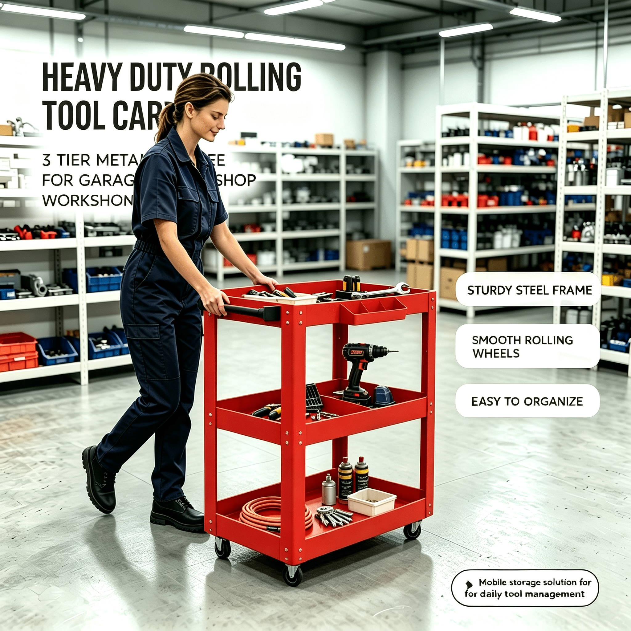 Image of Red 3-tier Heavy Duty Metal Tool Cart Rolling Storage Hand Cart Sturdy Stable For Garage Workshop Auto Repair, Utility Shelves