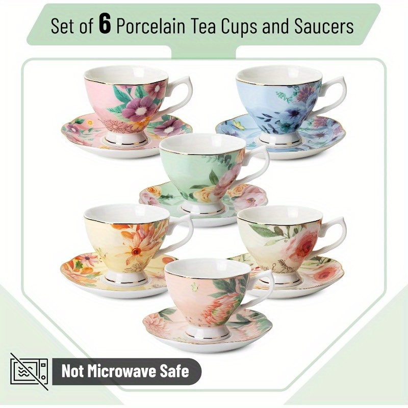 btat floral tea cups and saucers set of 6 8oz porcelain tea cups set of 6 pastel flower   with   dishwasher safe, tea cup and spoon set, porcelain tea cup, chinese tea ware, tea spoon set, tea cup set with spoon, home dining,  , elegant saucers,  , durable saucer,  , saucer set, tea accessories, home  ,  , coffee bar accessorie, coffee spoon, coffee scoop Product details 2