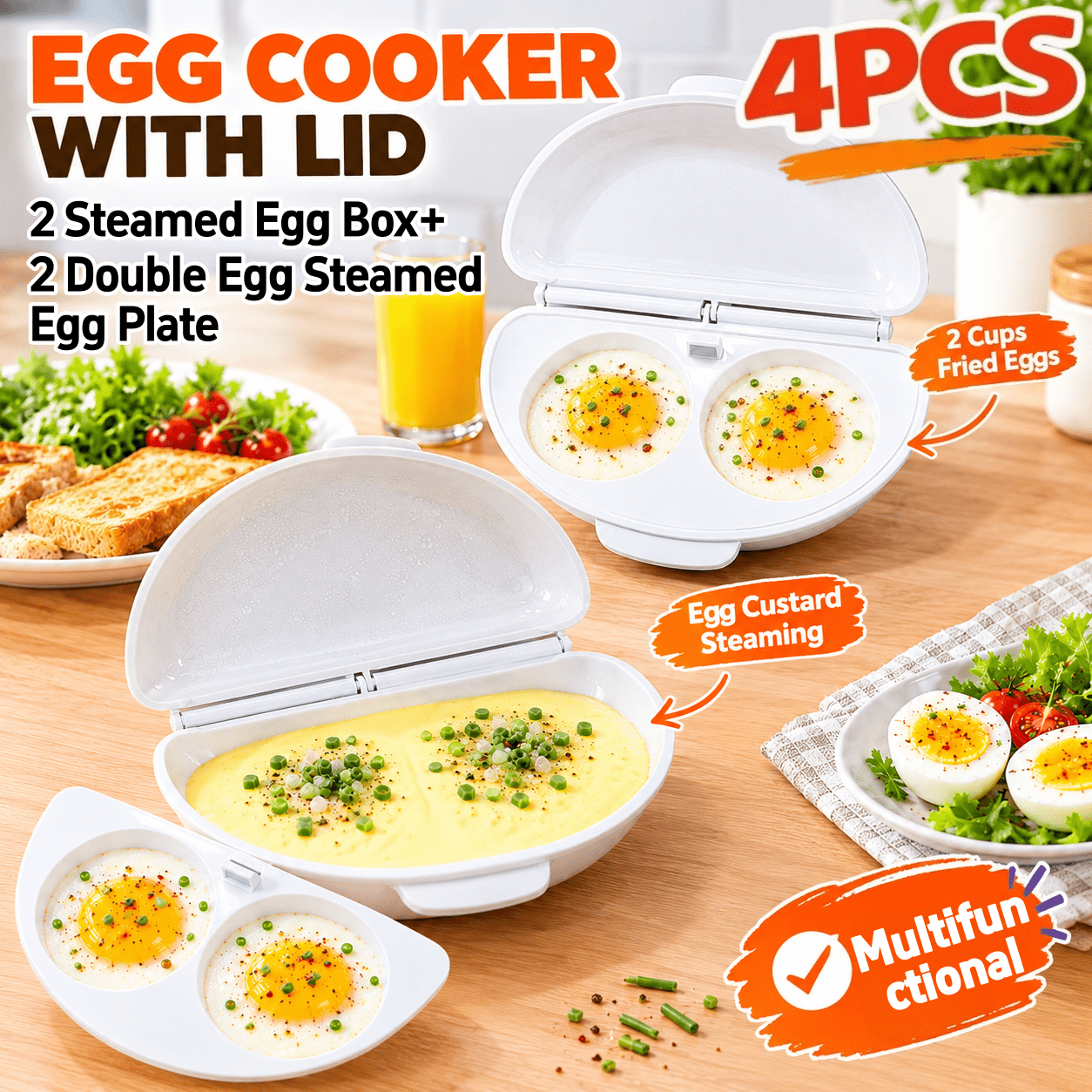 TEMU 4pcs Set Of New Multi-functional Double-layer Egg Containers, Fried Eggs And Custards At Time, Microwave Egg Boxes, Quick Cooking Trays, Quickly