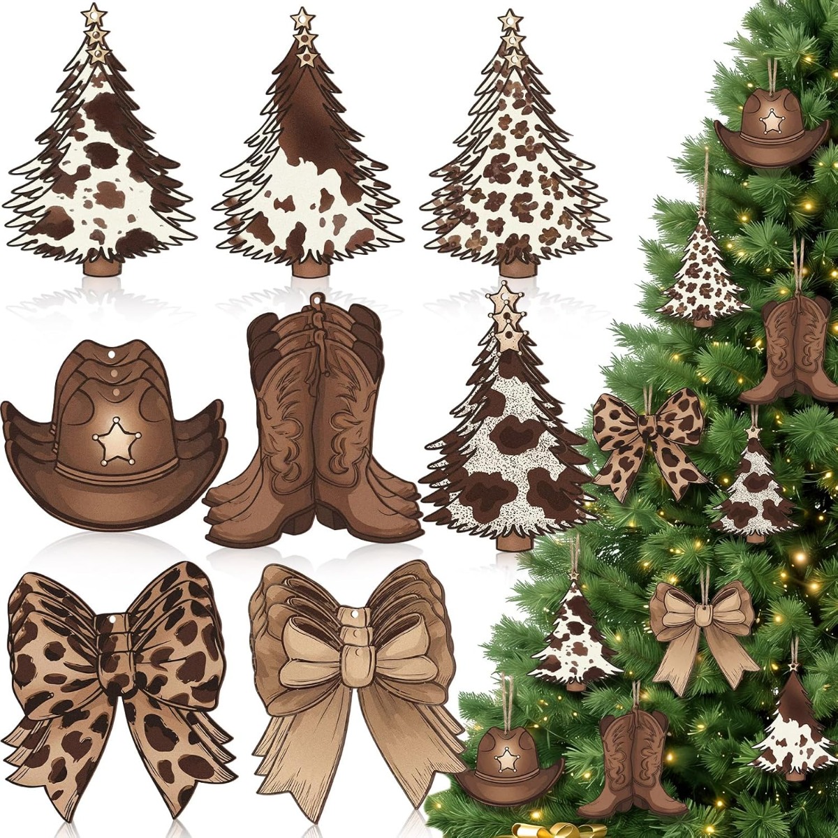 TEMU 24pcs Christmas Western Cowhide Ornaments Cowboy Tree Topper | Wood Hanging Ornaments, Funny Wooden Decorations Set, Xmas Party Decorations