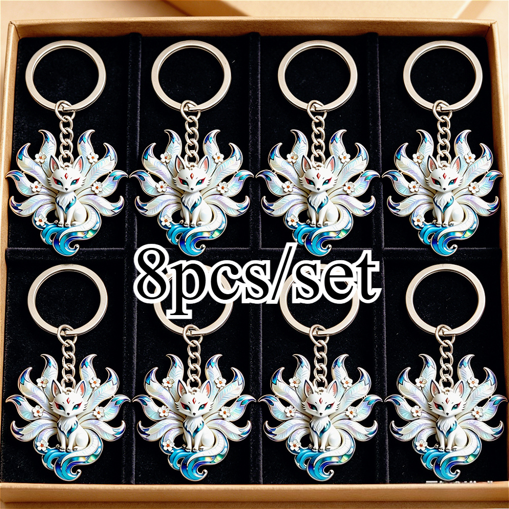 TEMU 2d Flat 8pcs Nine-tailed Fox Keychain Set, Charm, Gift, Cute Fox Keychain, Couple Keychain, Unisex, Backpack Pendant, Car Key Chain, Event