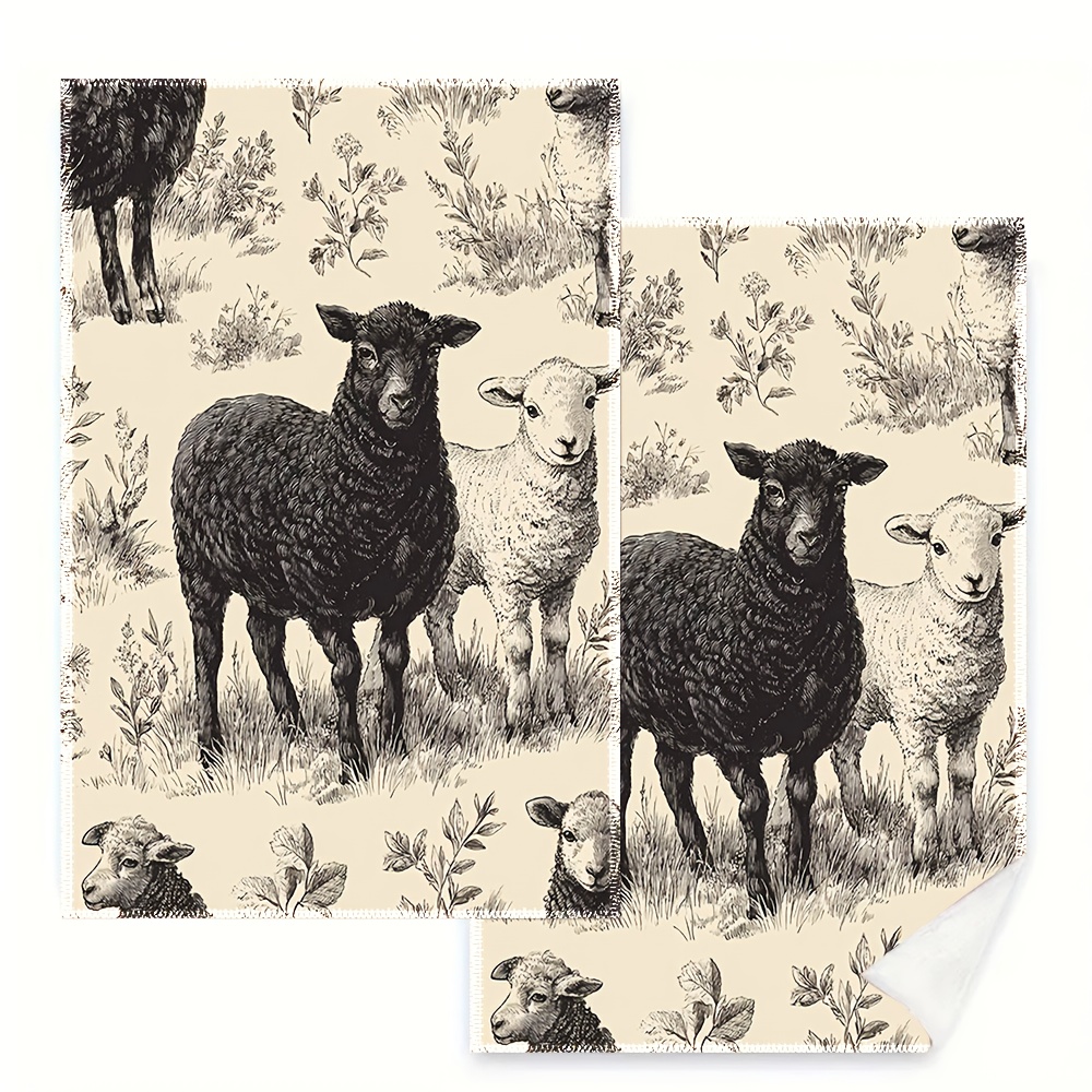 TEMU Kitchen Towel And Dishcloth 2pcs Set, Suitable For Cooking And Baking- Durable Cloth With Cute Hand-painted Sheep Pattern, Decorative Cleaning