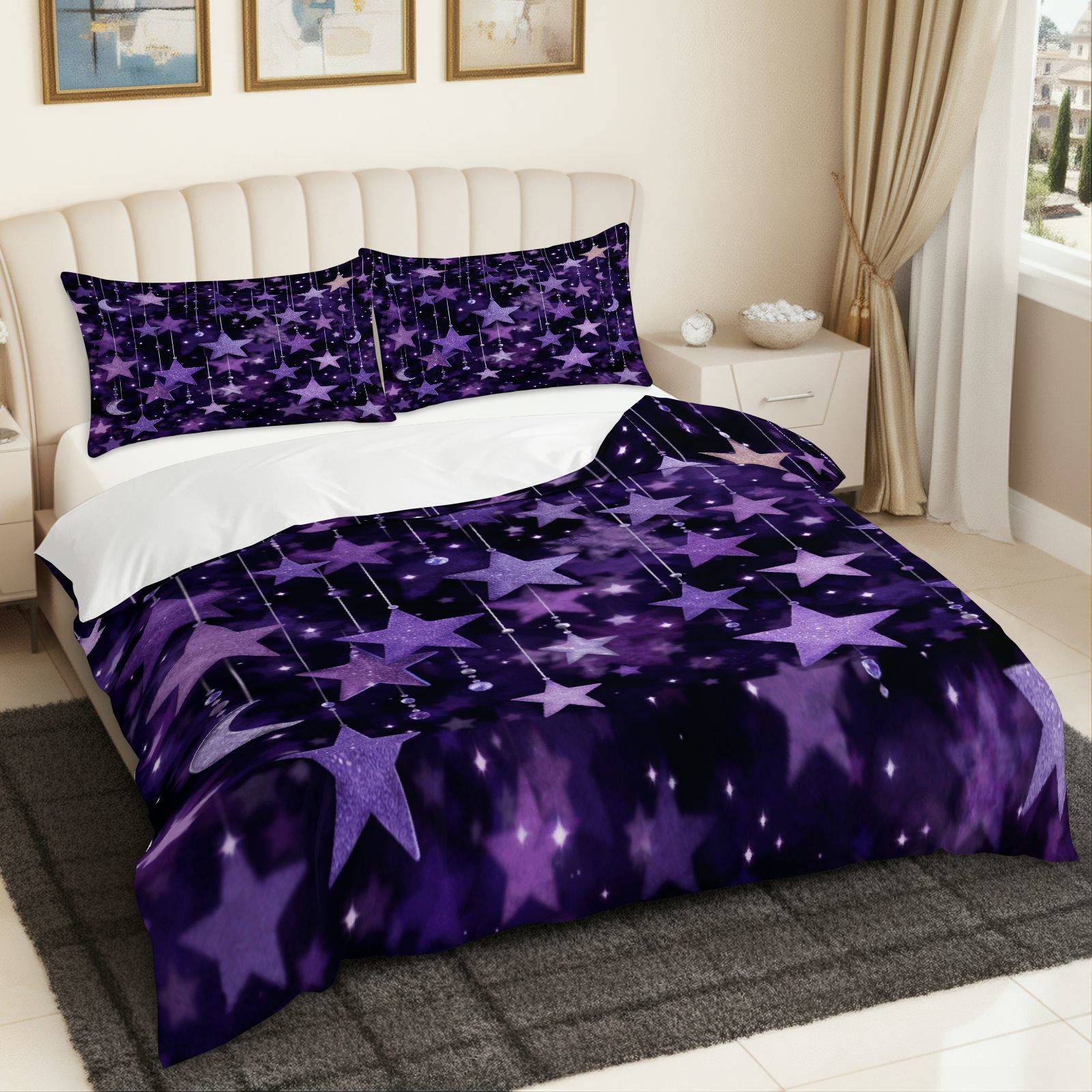 3pcs glitter starry night bedspread cover purple galaxy duvet pillowcases suitable for room guest bedding luxury zippered bed sheets for use machine washable no comforter fillers