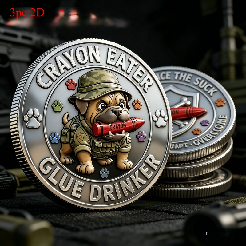 TEMU 3pcs Funny Military Style Dog Theme Metal Commemorative Coin 2d Relief Design Presents Cartoon Dog With Fun Interactive Elements Creative Alloy