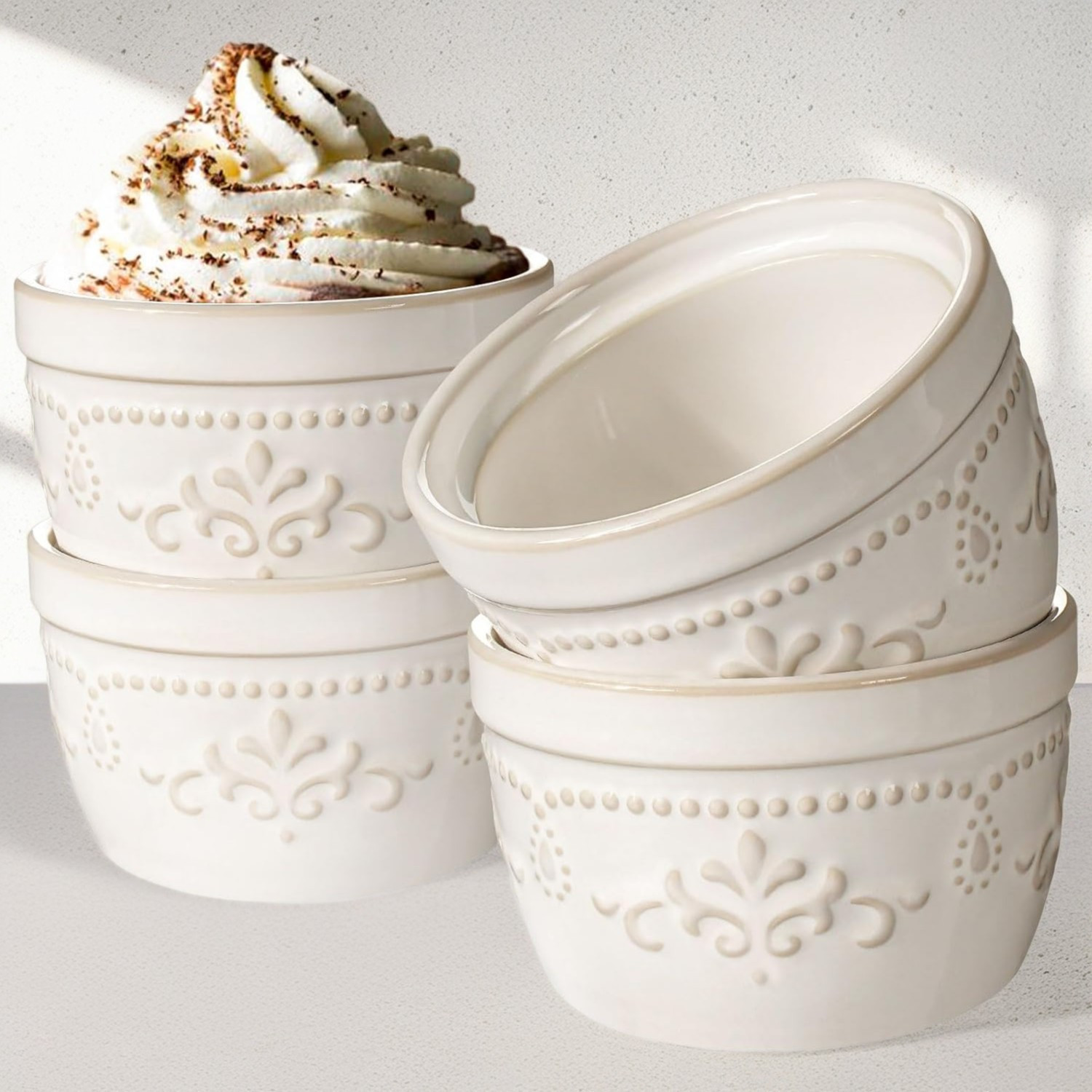 

4pcs Artena Ceramic Ramekins Set: 4/8oz Embossed White Floral Pattern, Oven & Microwave Safe For , , Pudding, Custard, Baking, Dipping Sauces -, Ramekins For Baking