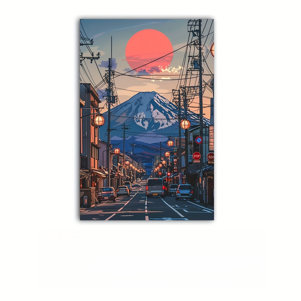 TEMU 1pc Colorful Sunset Wooden Framed Canvas Painting - Quality Wall Art Print With Japanese & Lanterns, Home Decor, Gifts, And , Wall Ar