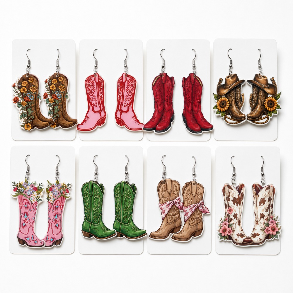 TEMU 8 Pairs/16pcs Women's Western Earring Set, Fashionable And Trendy/colorful Western Cowboy Boot Pattern, Suitable For