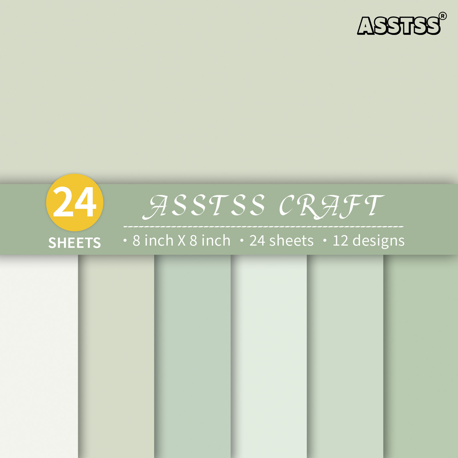 TEMU Bloc de papier scrapbooking ASSTSS de 24 feuilles 8 X 8 pouces, papier de base de style minimaliste vert Morandi frais, papier cartonné épais