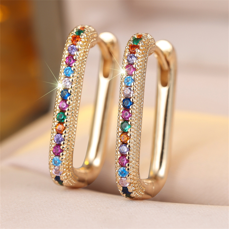 TEMU A Pair Of Small And Elegant Golden-tone Earrings With Colorful Framed Synthetic Synthetic Cubic Zirconiaia, Trendy For Parties And Daily Wear,
