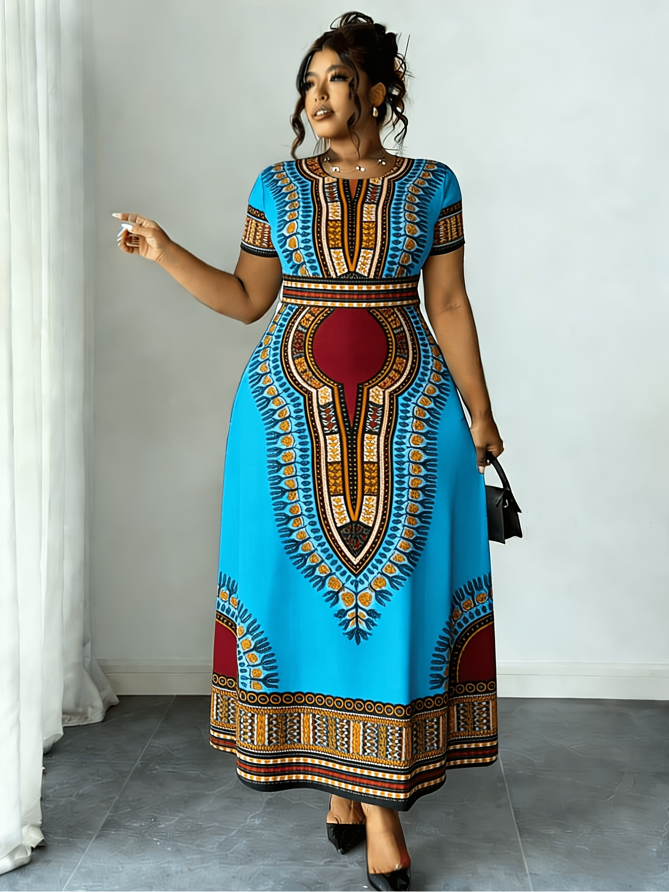 changing a central line dressing Blue Yellow Plus Size African Ankara Print Long Shirt Dress –  Africanclothinghub main image 0