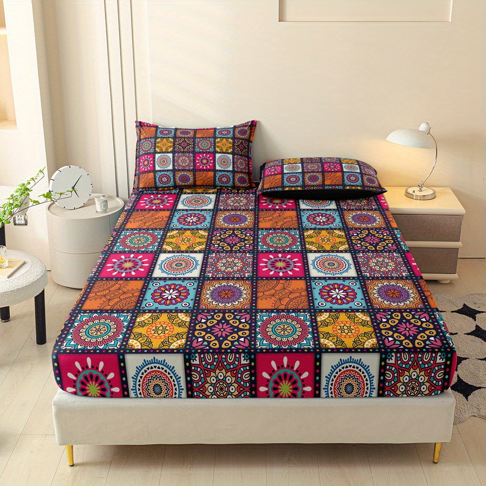 TEMU 3pcs Bohemian, Print Fitted Sheet Set, Queen Mattress Cover, Twin Mattress Protector, King Bedding Set, Polyester Machine Washable, Bedroom ,