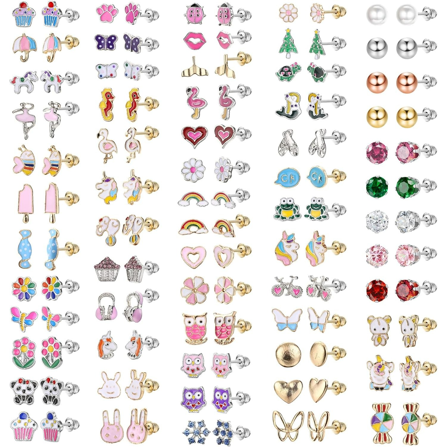 Image of 63 Pairs Stud Earrings For Women | Sensitive Ears Friendly, Multiple Heart Animal Designs In , Steel Post, Copper Alloy Plating, Synthetic Zirconia, Milacolato Brand