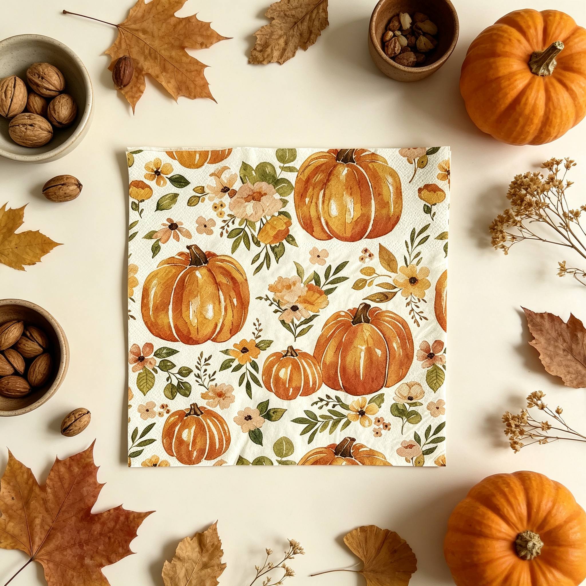TEMU 20 serviettes épaisses d'automne motif citrouille et fleurs , style aquarelle, jetables et décoratives, parfaites pour Thanksgiving, fête de la