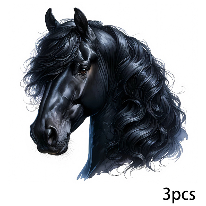 TEMU 3 stuks opstrijkpatronen met zwart paardenhoofd, DIY beginnersvriendelijk voor T-shirt, rugzak, kussen, broek, kleding