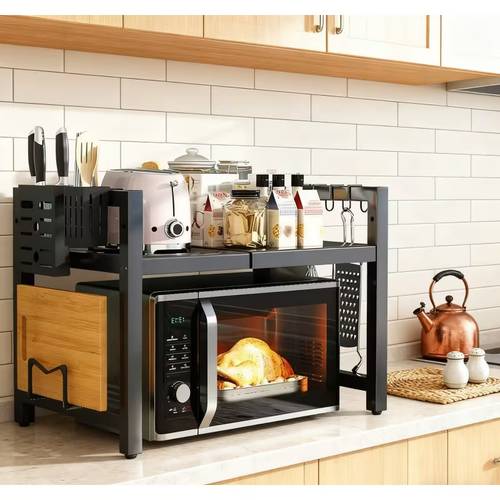 heavy duty expandable 2 tier adjustable microwave rack with knife chopstick cutting board holders space saving carbon shelf suitable for microwave oven expandable length telescopic kitchen organizer easy assembly upper lower storage
