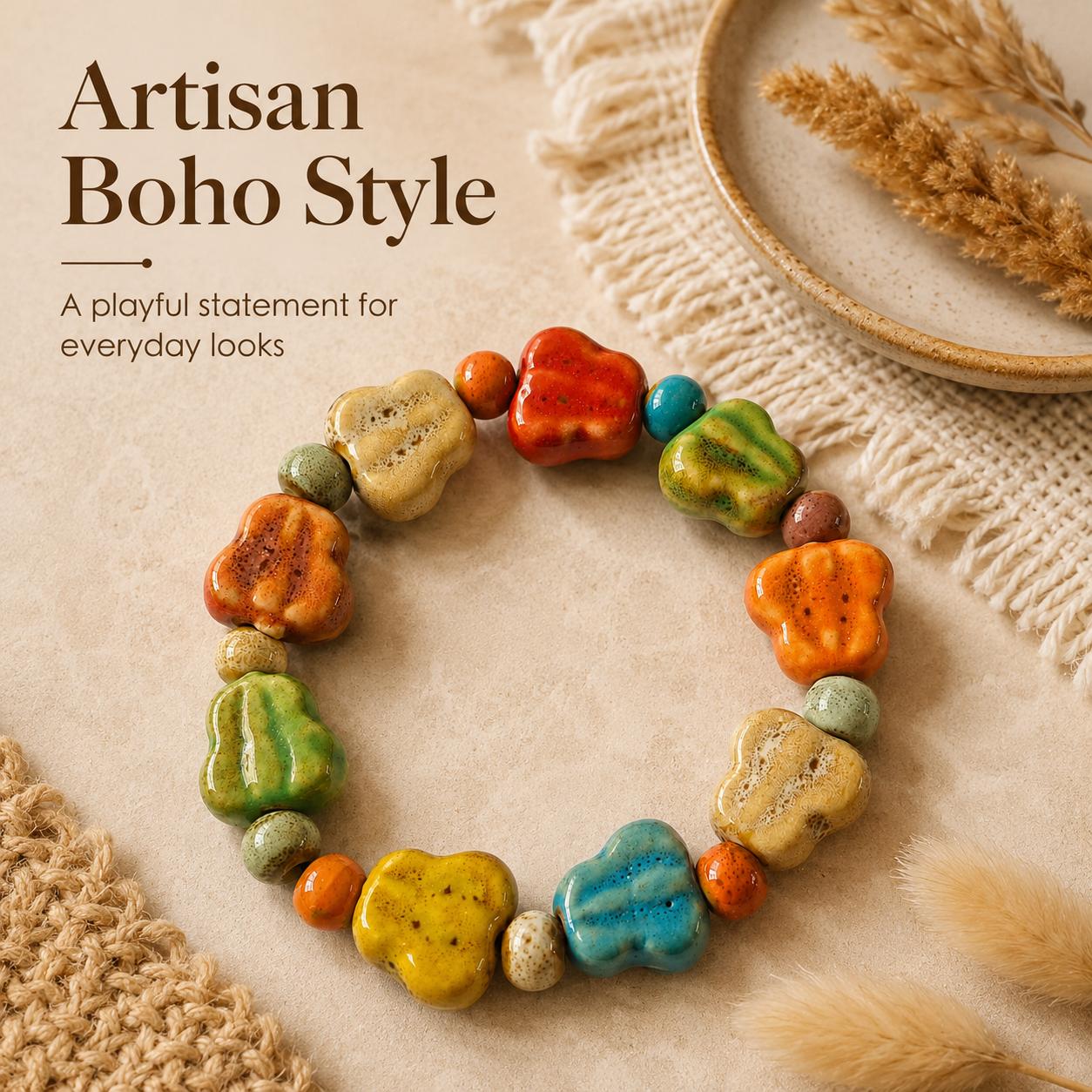 Colorful Ceramic Beaded Stretch Bracelet, Boho Handmade Look