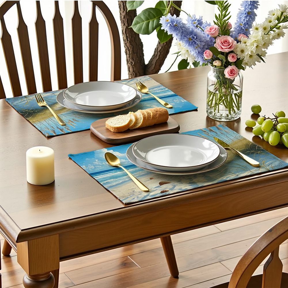 Lot de 4 sets de table thème plage avec vagues et coquillages_voghion.com