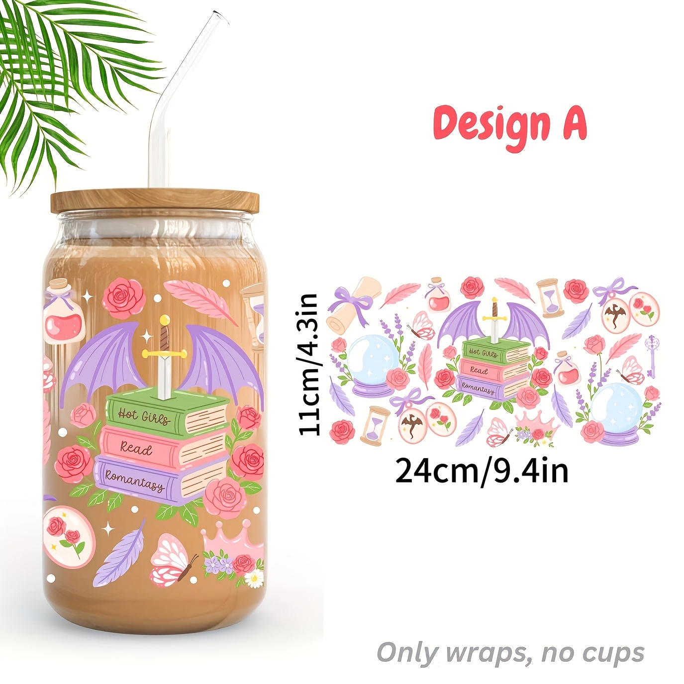 TEMU Emballage DTF UV pour livres de fantasy, destiné aux bouteilles d'eau, emballage de transfert, pour gobelet en verre de 16Oz, cadeau pour les