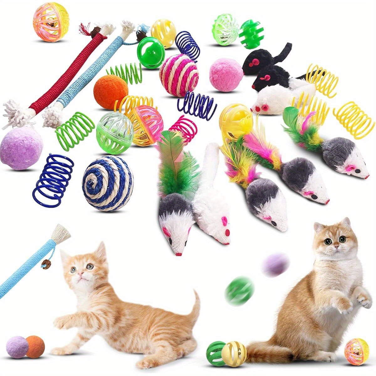 TEMU 34-pack Interactive Cat Toys Set For Indoor Kittens: Colorful Cat Spring Toys, Cat Mouse Toy, Pet Ropes, Colorful Balls, Bells, And Sisal Ball