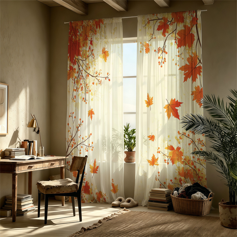 TEMU 2d Flat, 2pcs Curtains 2d , Rod-pocket Sheer Curtains For Autumn Decor-featuring Festive Prints; Suitable For Living Rooms And Bedrooms;
