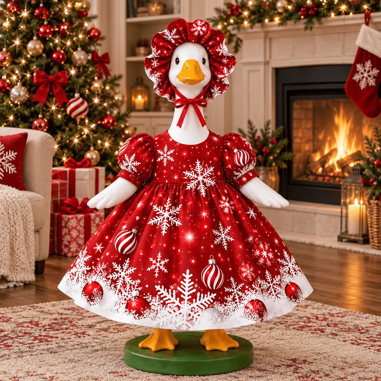 TEMU 2pcs Snowflake Ornament Print Goose Outfit 1 Dress And 1 Bonnet 2d Printed Xmas Festive Cozy Cute Costume Fits 23 Inch Porch Lawn Statue Outdoor