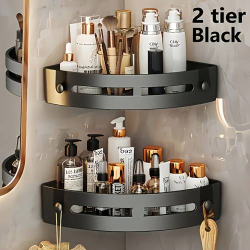 2 adet siyah banyo köşe rafı, delme gerektirmez, deliksiz şampuan rafı, banyo rafı, banyo depolama ve düzenleme, duş rafı, duş depolama ve düzenleme