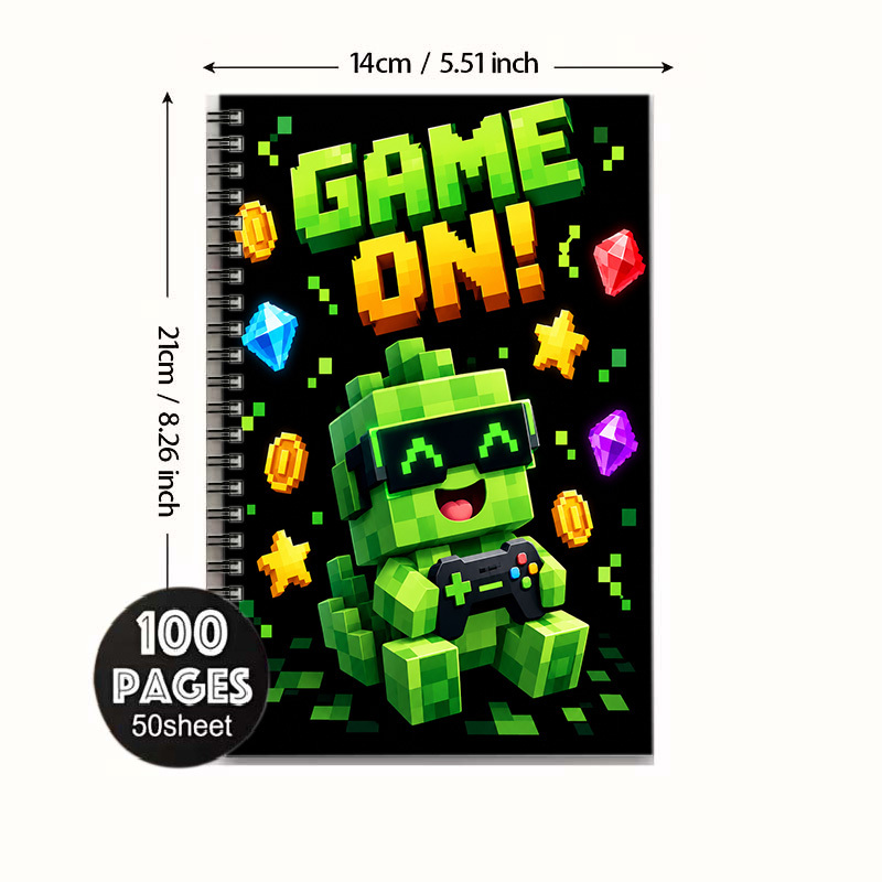 TEMU 1pc Of Pixel-style Green Game Character Pattern 2d Flat-printed Spiral-bound Notebook, Featuring A Colorful High-definition Printed Cover,