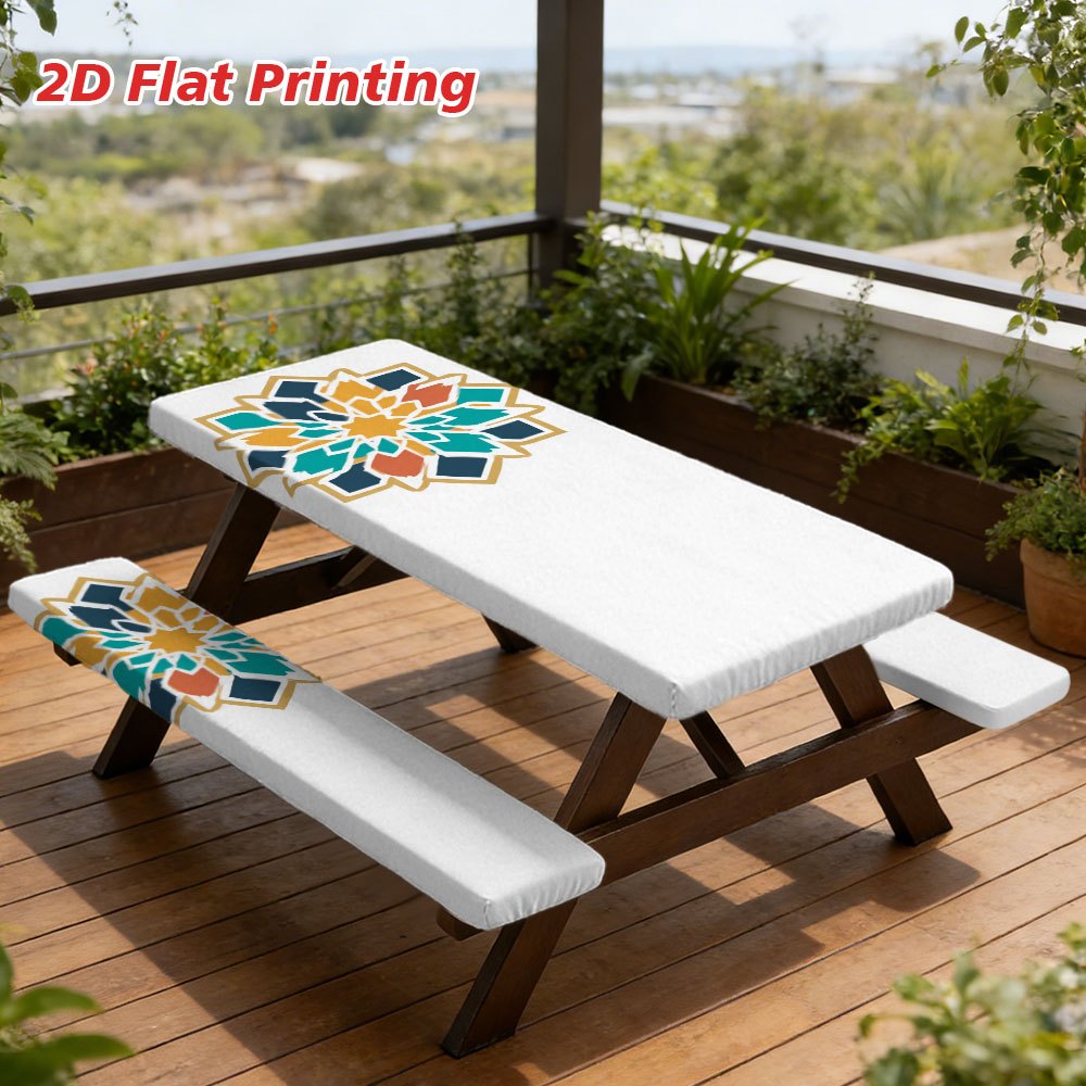 outdoor picnic table and bench set of 3   colorful geometric mandala tablecloth elastic table cover rectangular   dining table protector full wrap elastic   made of durable material suitable for camping patio garden