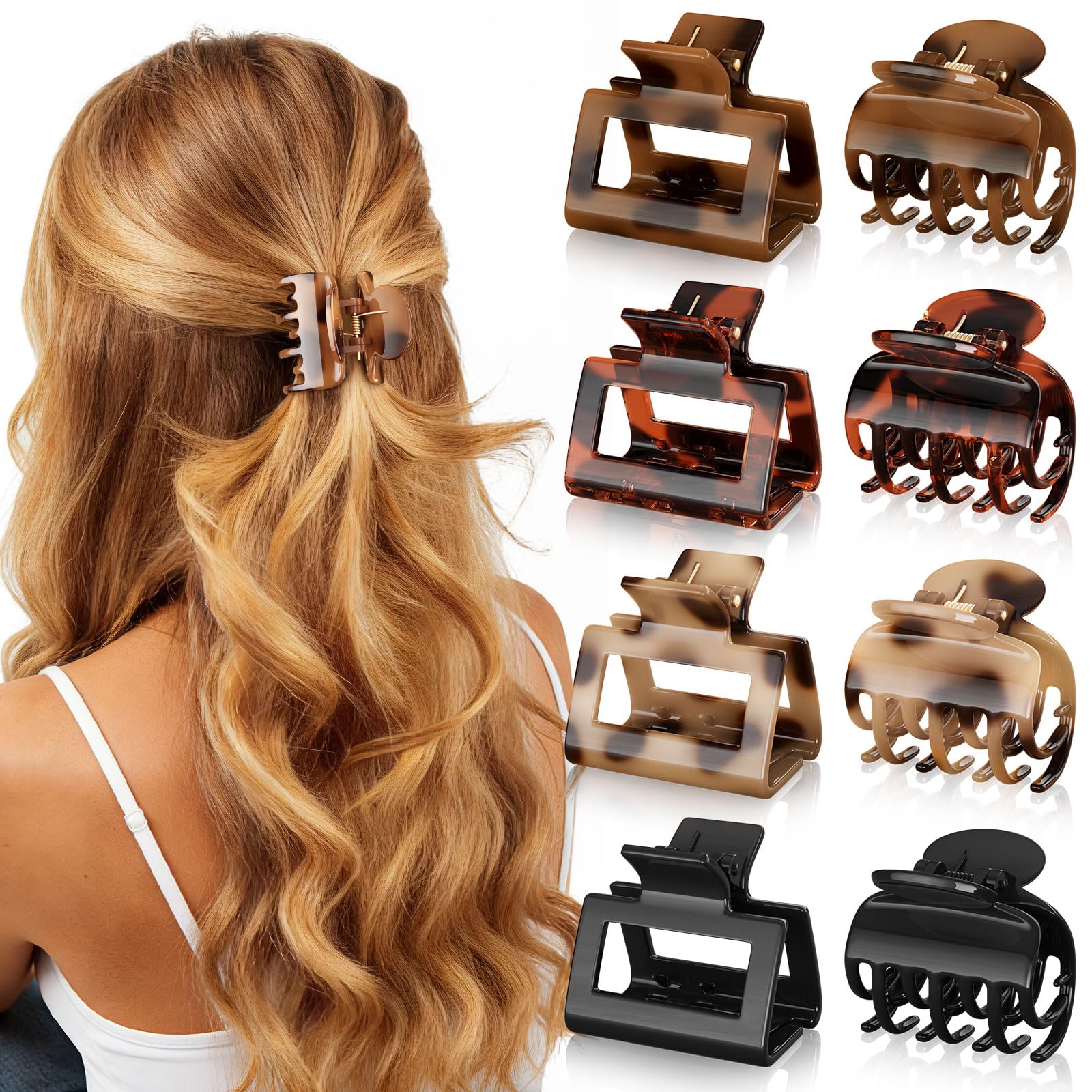 Image of 8pcs Medium Hair Claw Clips For Women Rectangle Double Row Teeth Jaw Clips Leopard Tortoise Print Hair Accessories For Thin Thick Hair