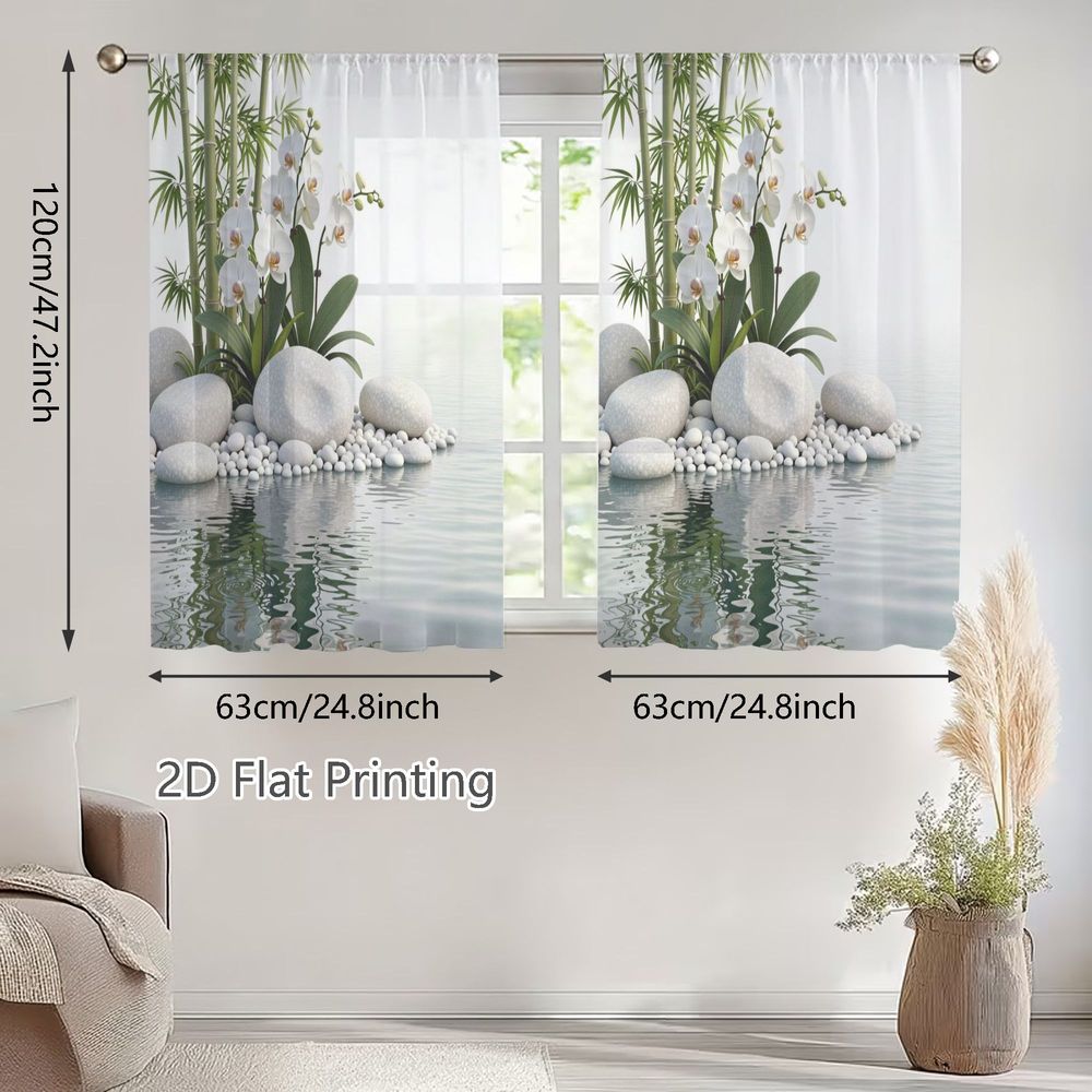 TEMU 2D Plat - 2D Plat - 2D Plat, 2pcs Petites Rideaux Voilages Printemps Été, Sereines et Motif de Bambou Délicat, pour Salons, de , de Bain