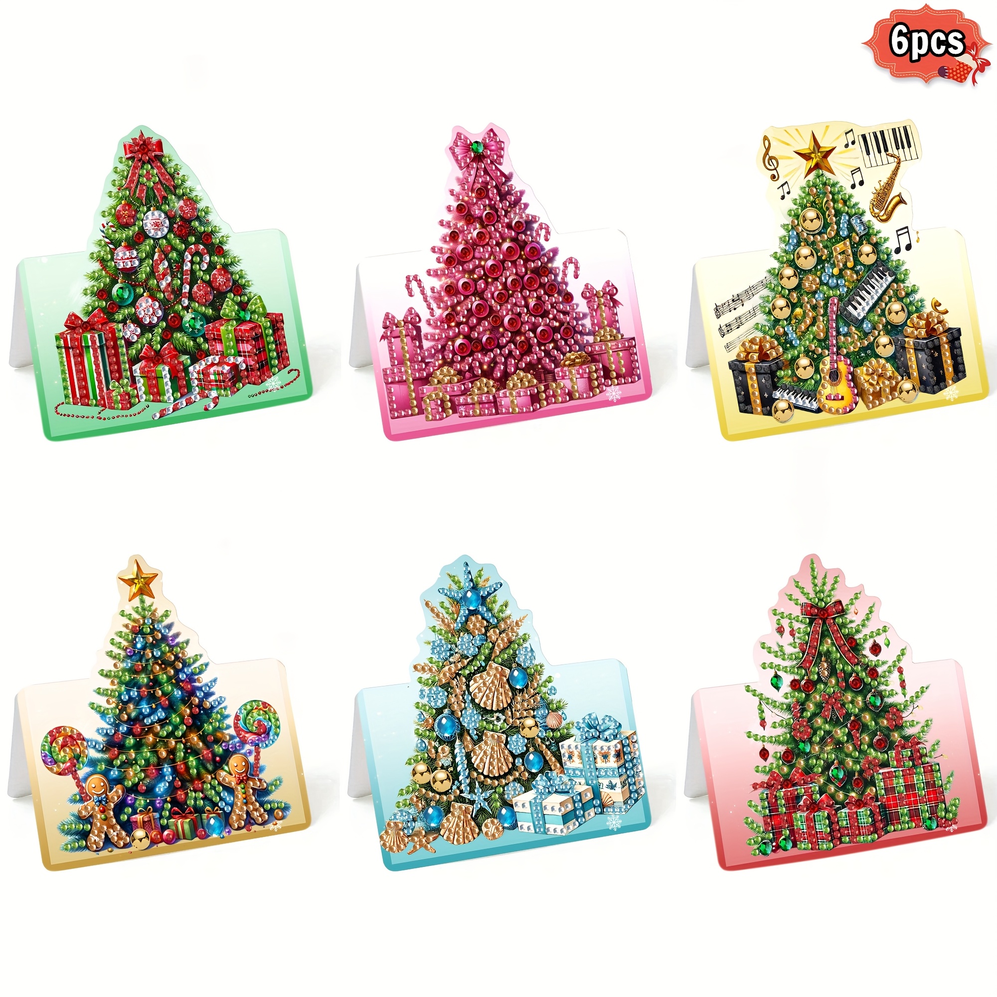 TEMU 6pcs Set Of New Hot Christmas Tree Diamond Painting Kit/foldable Christmas Card Christmas Card Card/foldable Irregular Christmas Card/includes