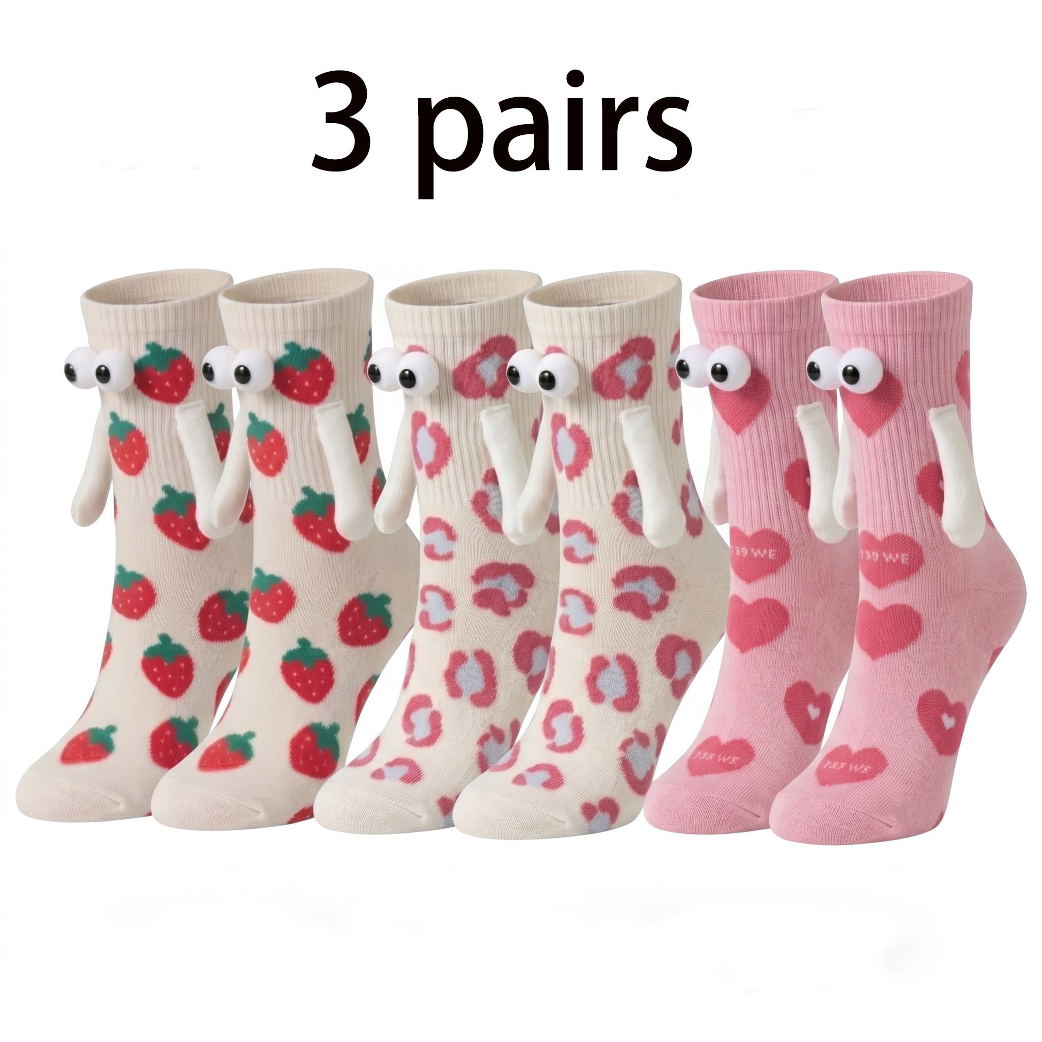3 pairs of cute magnetic hand holding socks with     calf socks strawberry heart pattern middle tube socks unisex couple gift socks