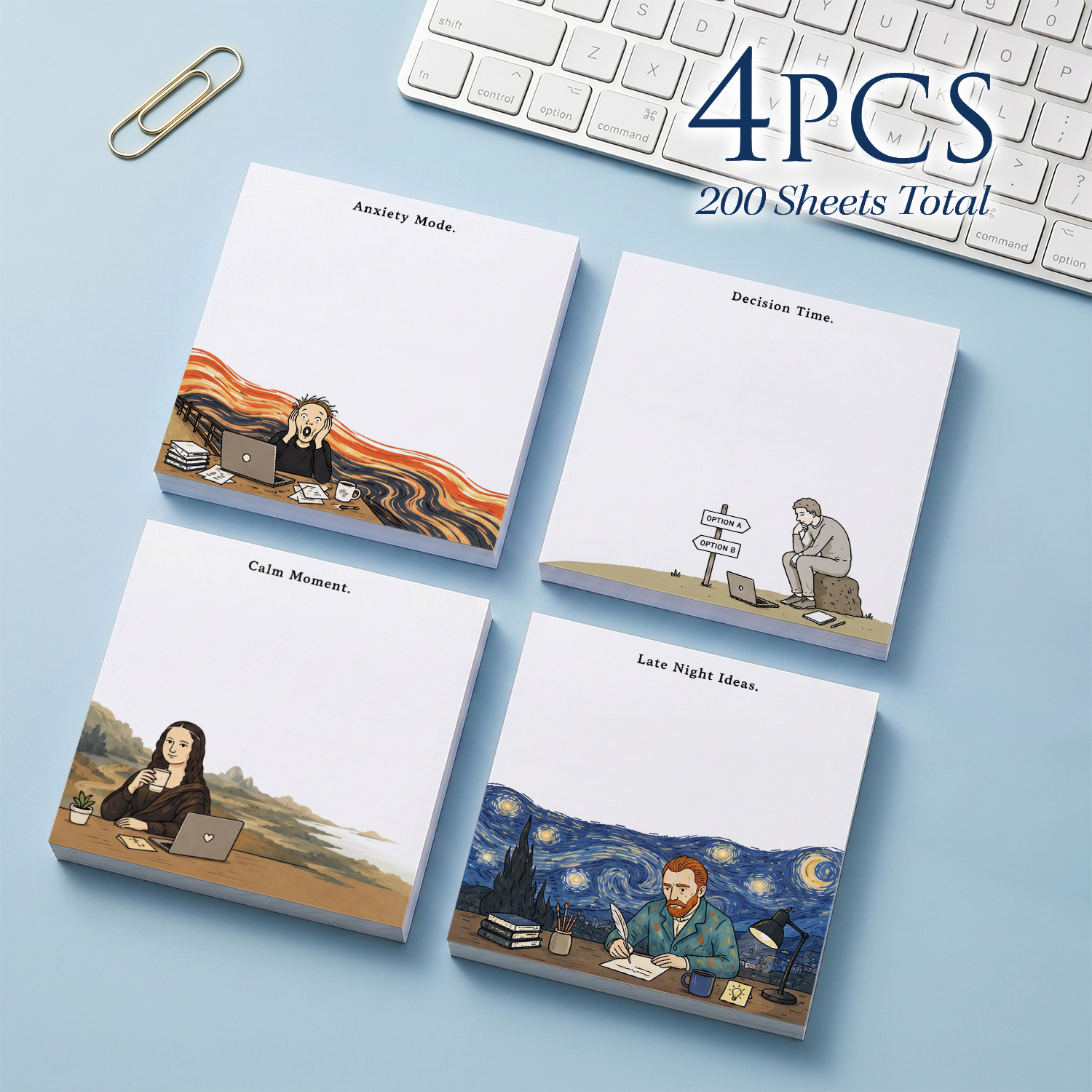 TEMU 4pcs 200 Sheets Total Famous Art Inspired Sticky Notes, 75x75mm 3x3 Inch, Funny Emotional Memo Pads, Van Gogh Self-adhesive Reminder Notes For