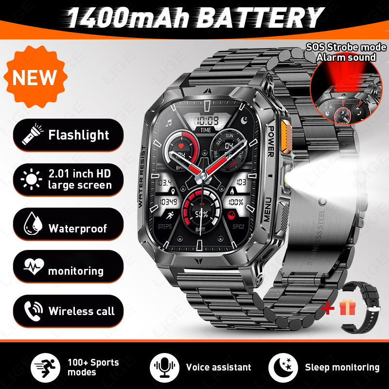 Watch Fitness Trackers, 2.01-inch Hd, 1400mah Large-capacity Battery, Wireless Call, Red And White Led Flashlight, , 120 Mode, Fitness Tracking Watch, Buy 1pc Steel Watch Get 1pc Silicone Strap Free